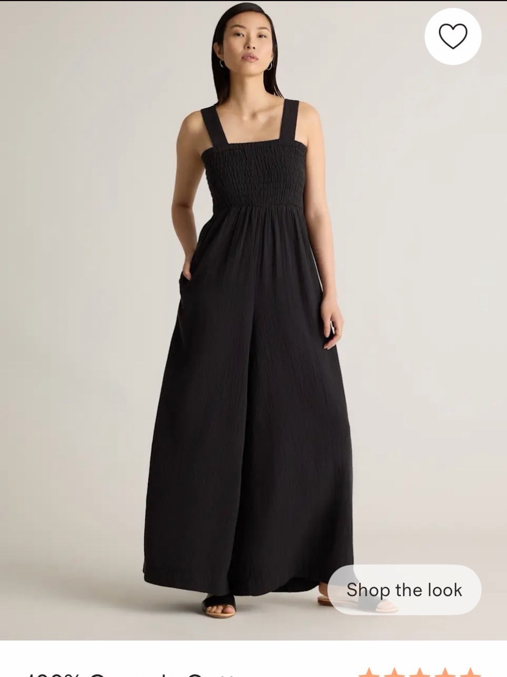 Quince 100% Organic Cotton Gauze Black Smocked Wide Leg Jumpsuit
